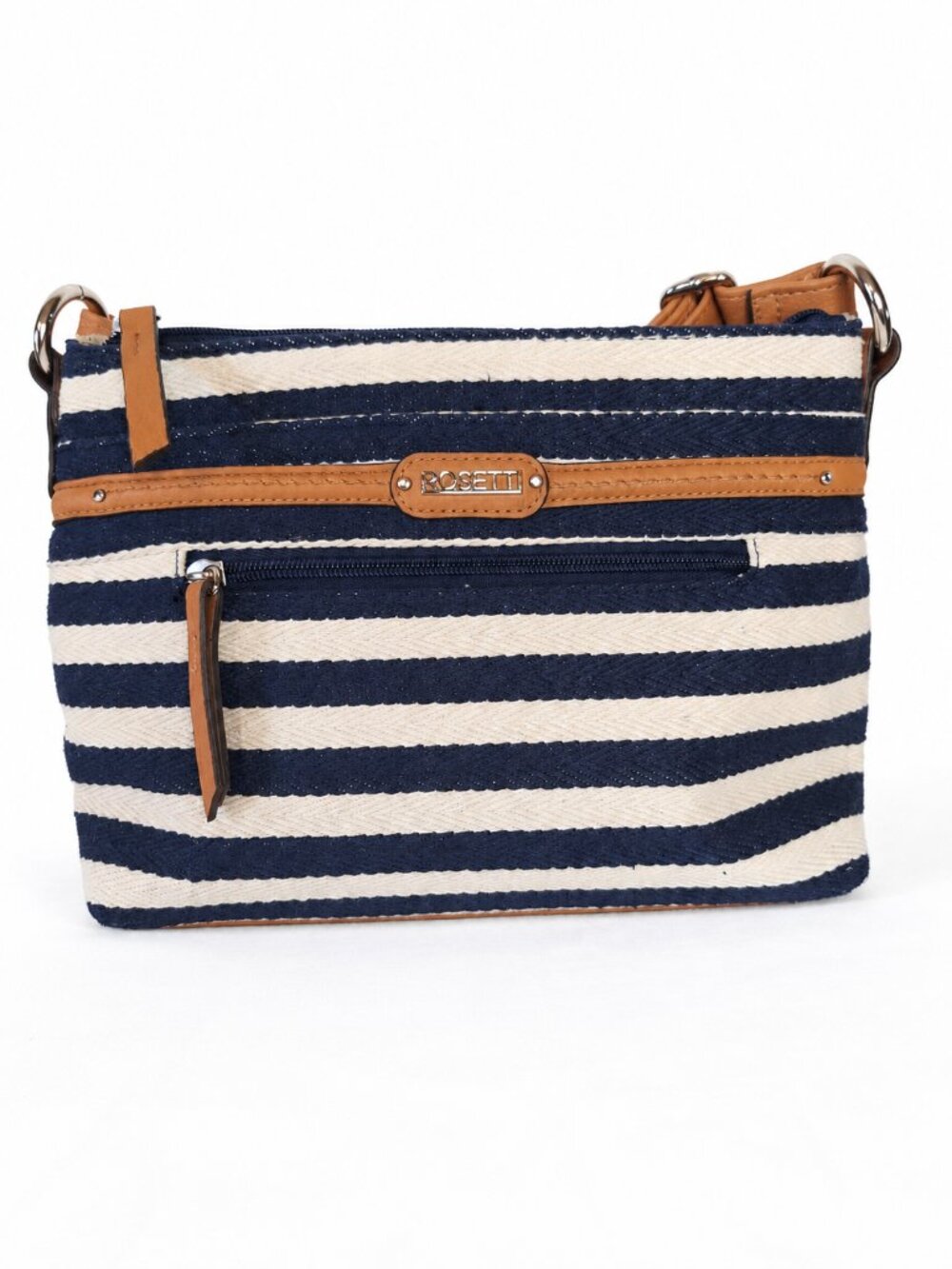 Rosetti Tessa Navy Cream Striped Woven Crossbody Bag Tan Trim